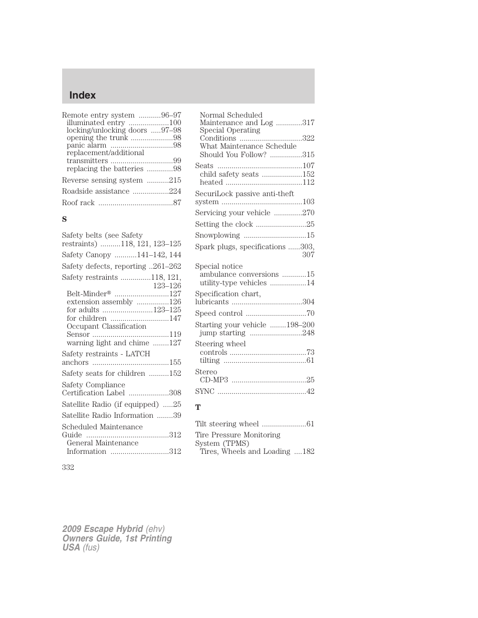 Index | FORD 2009 Escape Hybrid v.1 User Manual | Page 332 / 333