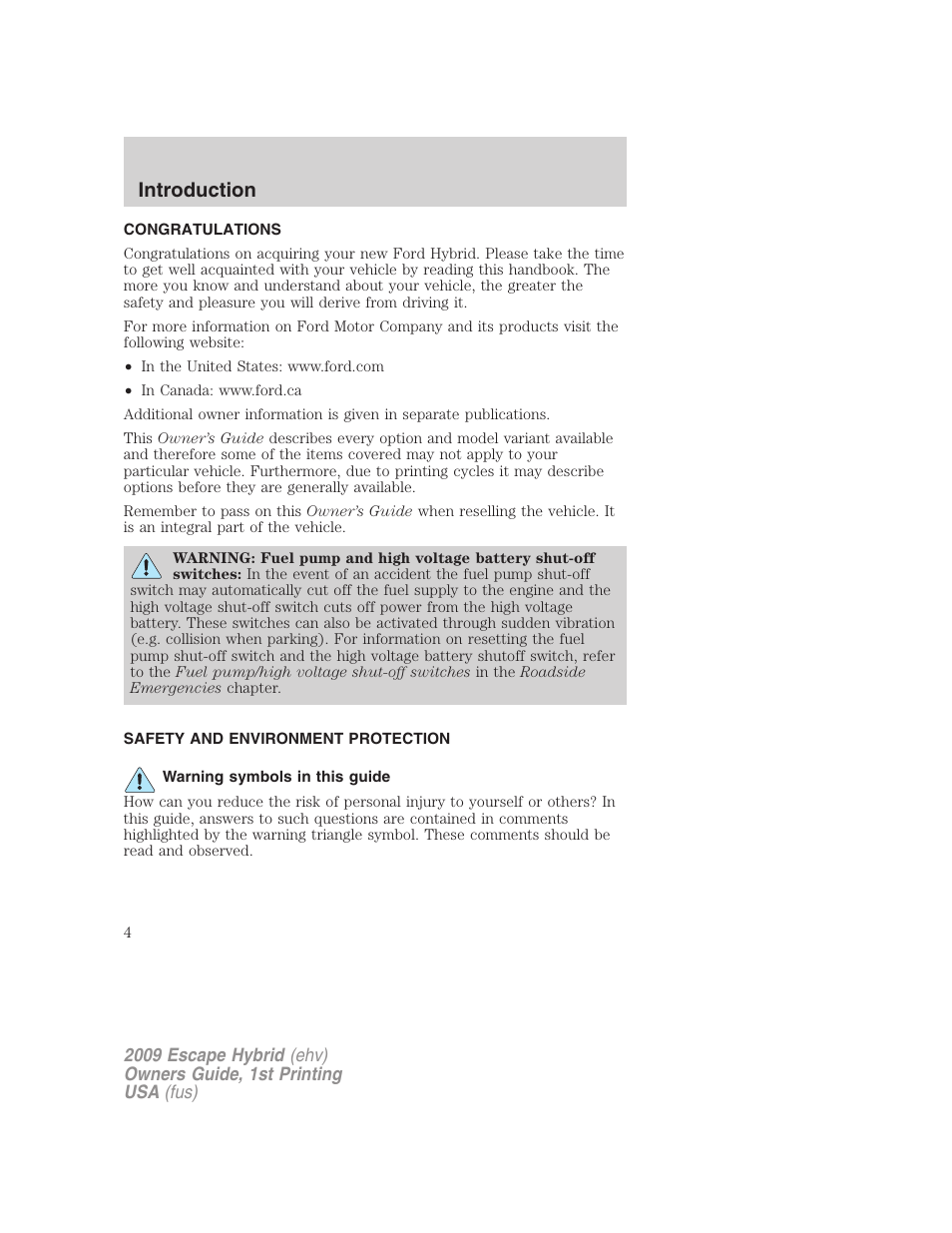 Introduction, Congratulations, Safety and environment protection | Warning symbols in this guide | FORD 2009 Escape Hybrid v.1 User Manual | Page 4 / 333