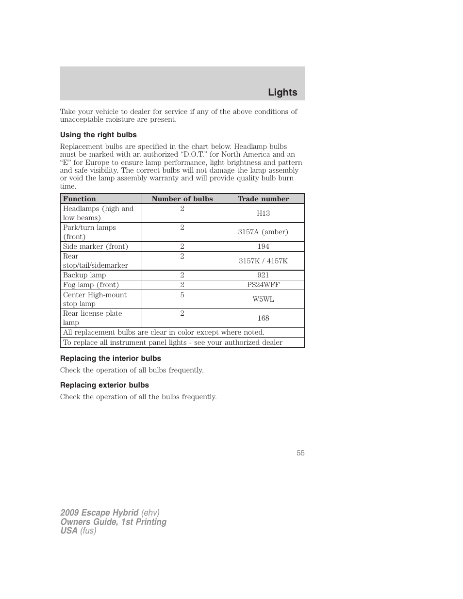 Using the right bulbs, Replacing the interior bulbs, Replacing exterior bulbs | Lights | FORD 2009 Escape Hybrid v.1 User Manual | Page 55 / 333