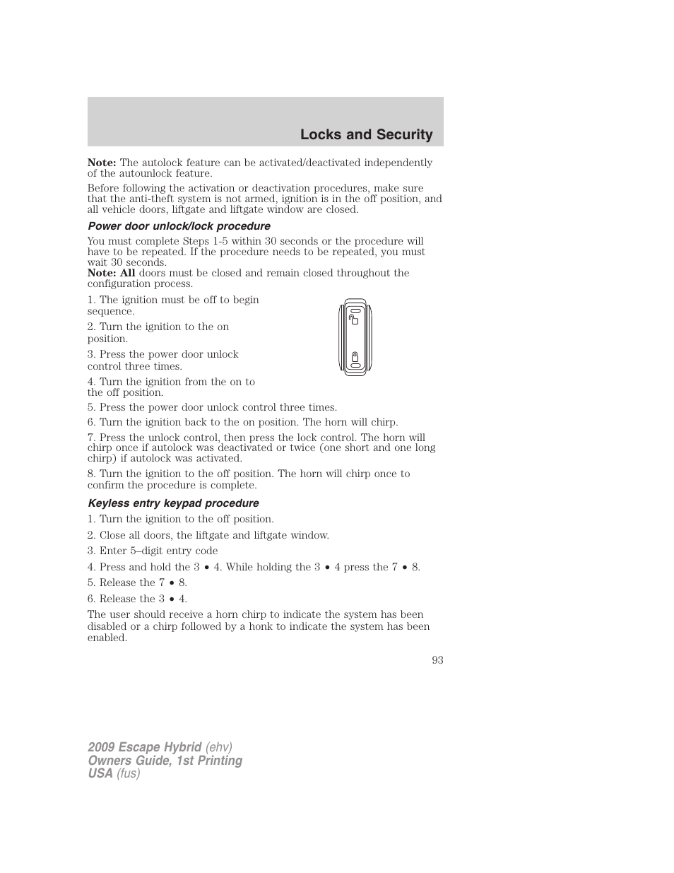 Power door unlock/lock procedure, Keyless entry keypad procedure, Locks and security | FORD 2009 Escape Hybrid v.1 User Manual | Page 93 / 333