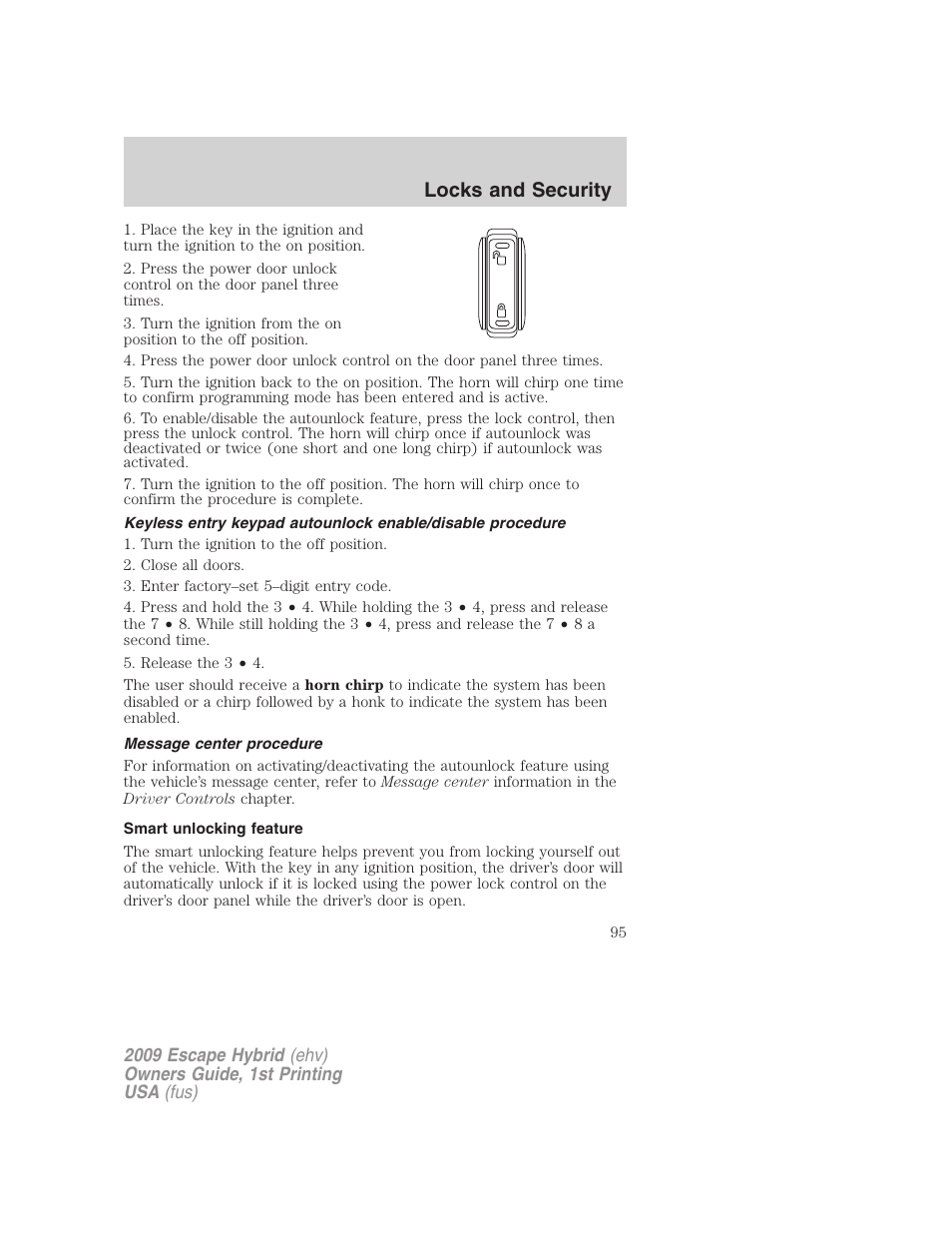 Message center procedure, Smart unlocking feature, Locks and security | FORD 2009 Escape Hybrid v.1 User Manual | Page 95 / 333