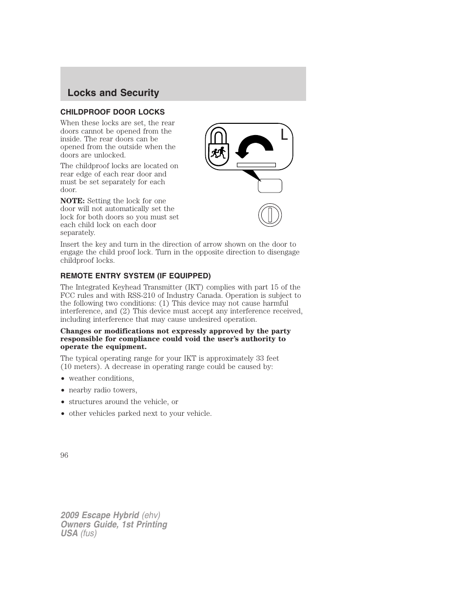 Childproof door locks, Remote entry system (if equipped), Locks and security | FORD 2009 Escape Hybrid v.1 User Manual | Page 96 / 333