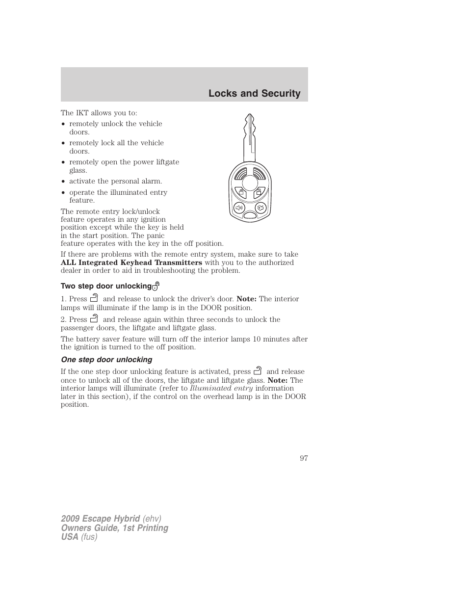 Two step door unlocking, One step door unlocking, Locks and security | FORD 2009 Escape Hybrid v.1 User Manual | Page 97 / 333