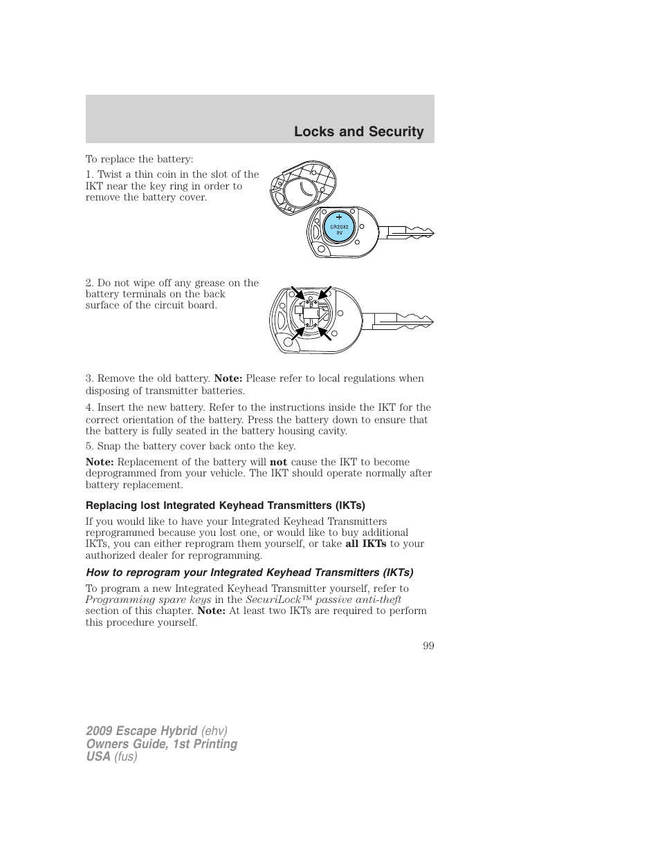 Locks and security | FORD 2009 Escape Hybrid v.1 User Manual | Page 99 / 333