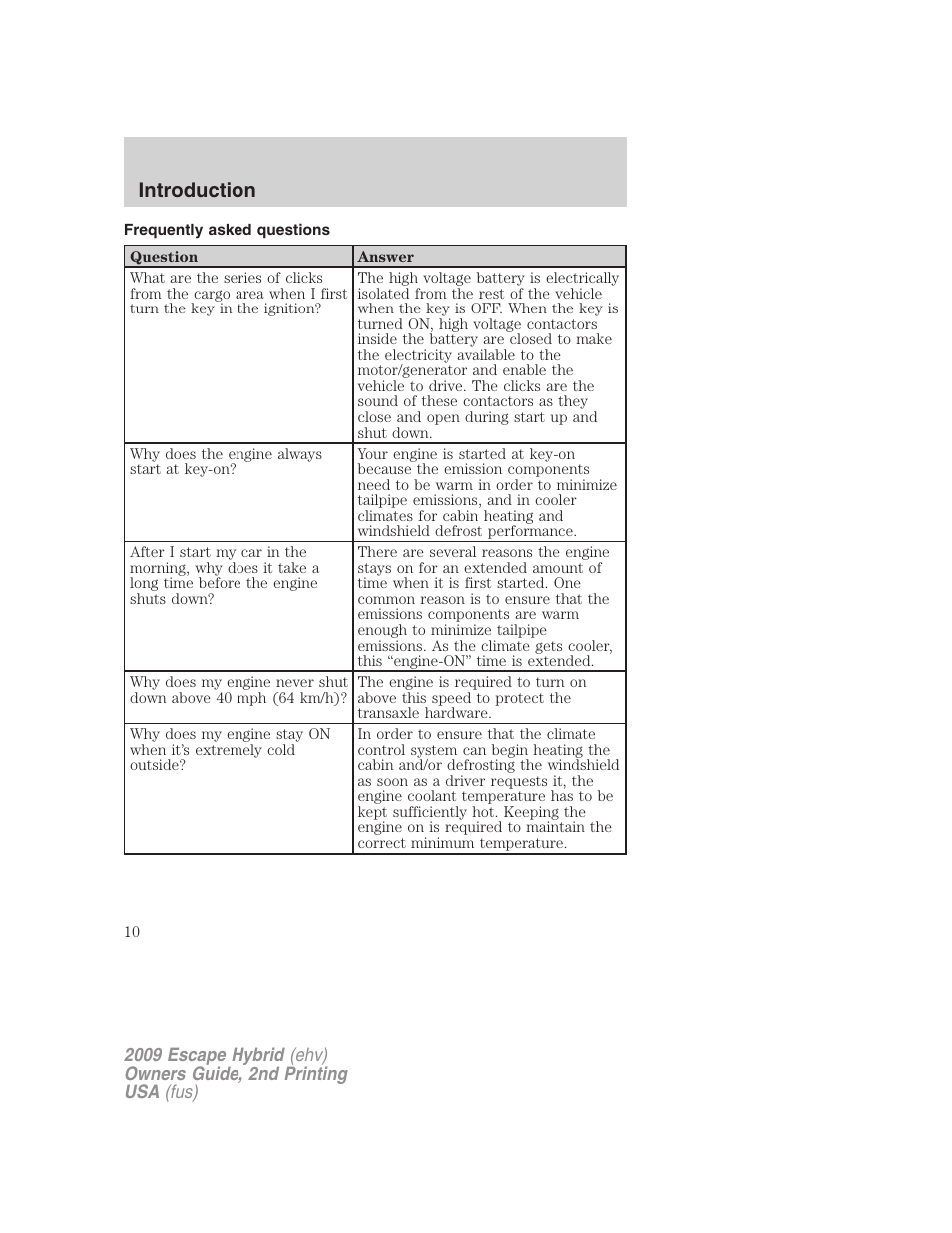 Frequently asked questions, Introduction | FORD 2009 Escape Hybrid v.2 User Manual | Page 10 / 332