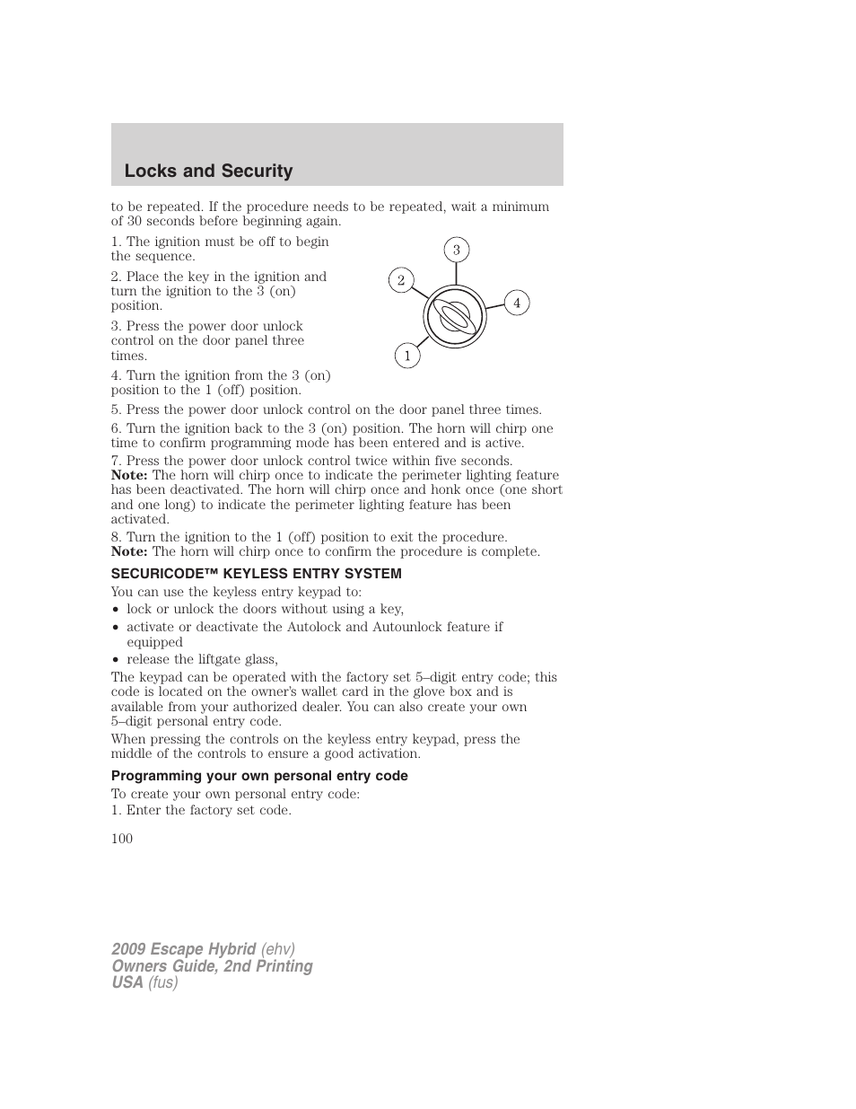 Securicode™ keyless entry system, Programming your own personal entry code, Locks and security | FORD 2009 Escape Hybrid v.2 User Manual | Page 100 / 332