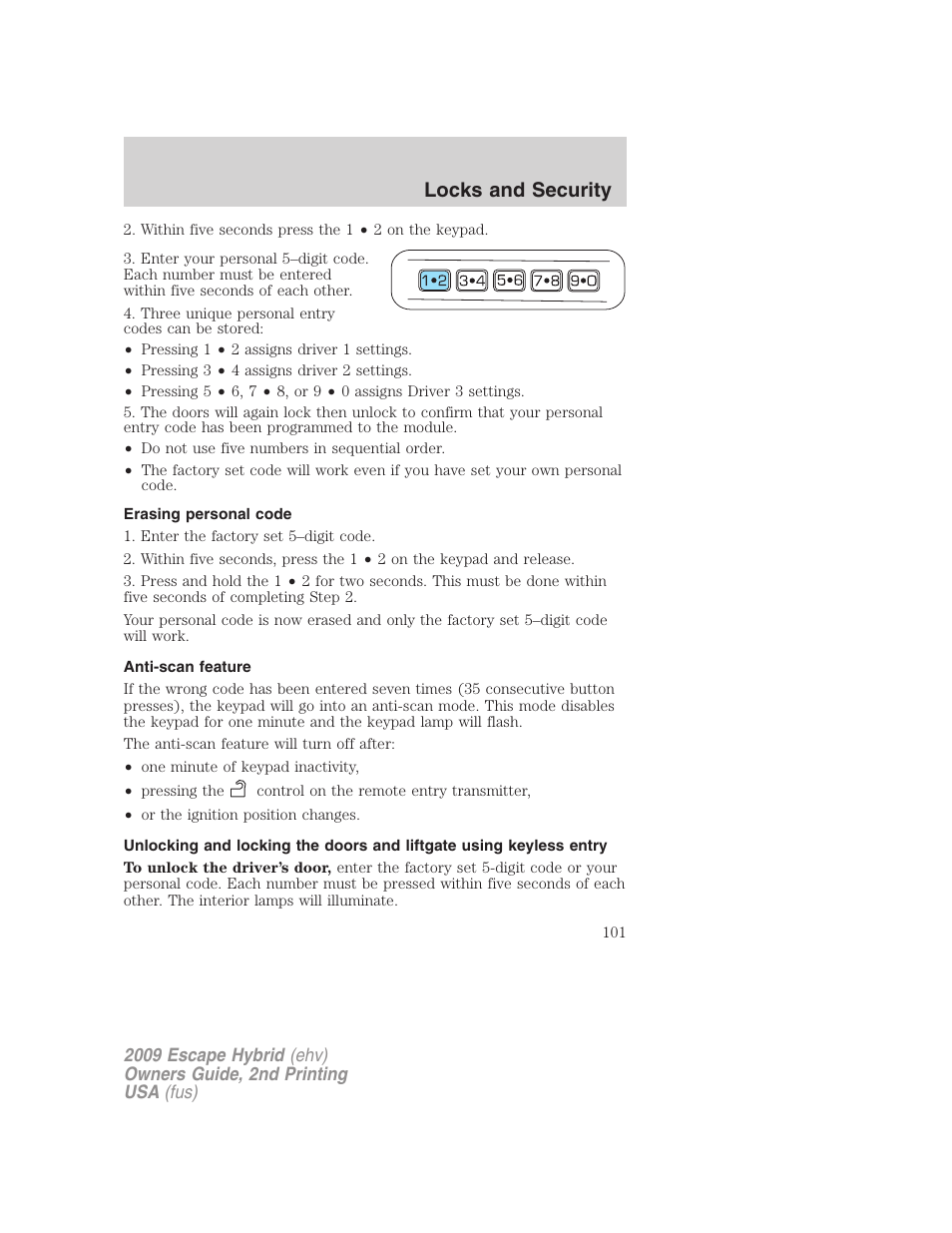 Erasing personal code, Anti-scan feature, Locks and security | FORD 2009 Escape Hybrid v.2 User Manual | Page 101 / 332