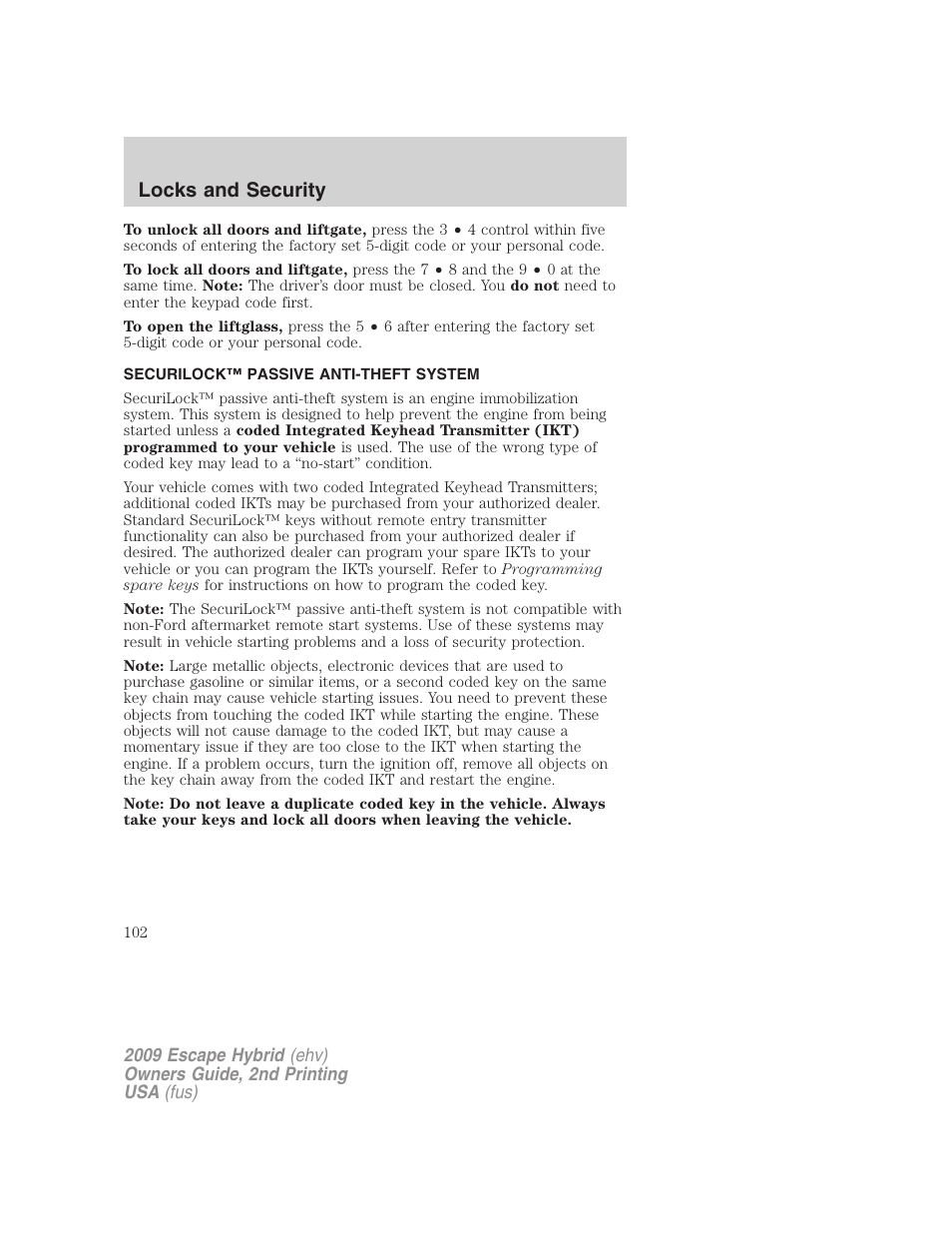 Securilock™ passive anti-theft system, Anti-theft system, Locks and security | FORD 2009 Escape Hybrid v.2 User Manual | Page 102 / 332