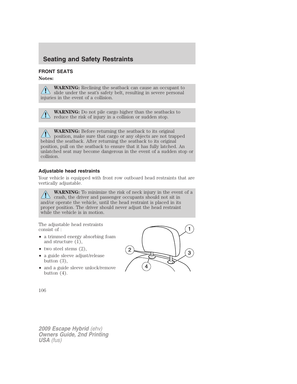 Seating and safety restraints, Front seats, Adjustable head restraints | Seating | FORD 2009 Escape Hybrid v.2 User Manual | Page 106 / 332