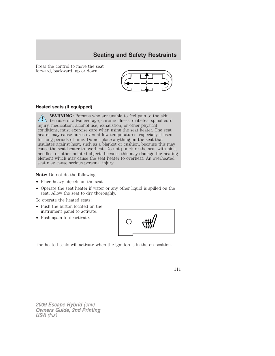 Heated seats (if equipped), Seating and safety restraints | FORD 2009 Escape Hybrid v.2 User Manual | Page 111 / 332