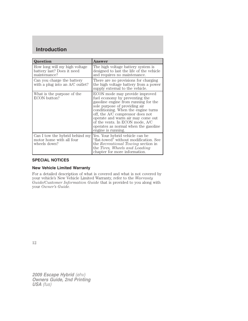 Special notices, New vehicle limited warranty, Introduction | FORD 2009 Escape Hybrid v.2 User Manual | Page 12 / 332