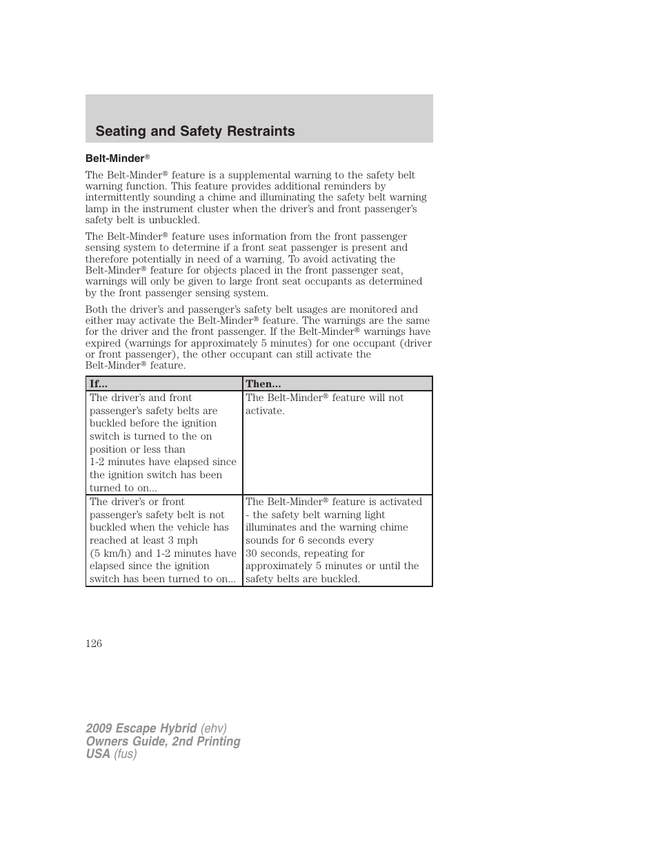 Belt-minder, Seating and safety restraints | FORD 2009 Escape Hybrid v.2 User Manual | Page 126 / 332