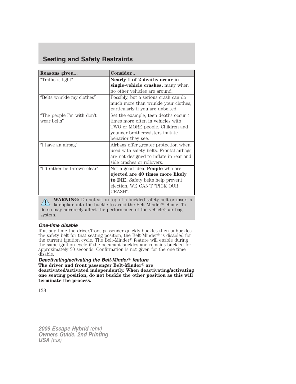 One-time disable, Deactivating/activating the belt-minder feature, Seating and safety restraints | FORD 2009 Escape Hybrid v.2 User Manual | Page 128 / 332