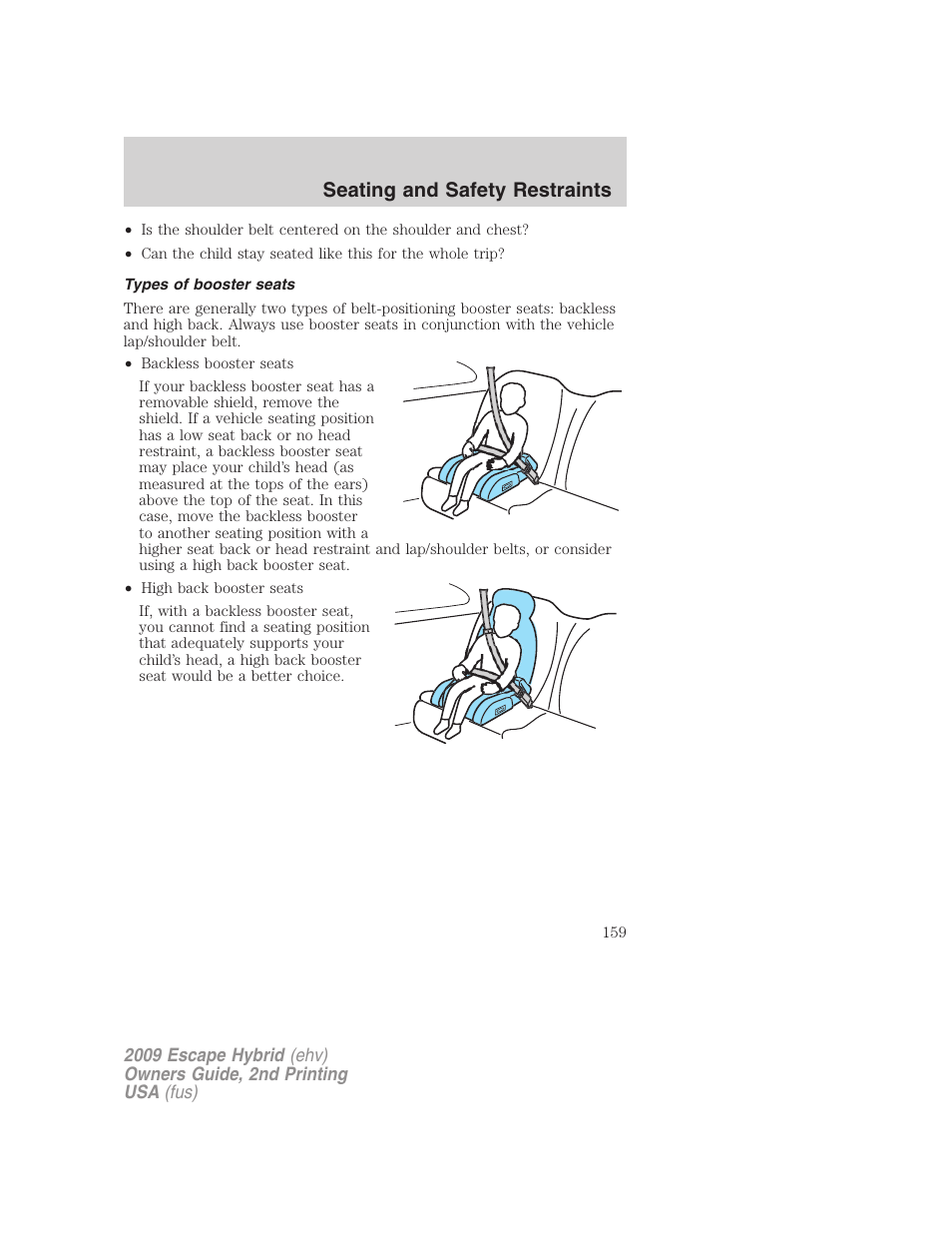 Types of booster seats, Seating and safety restraints | FORD 2009 Escape Hybrid v.2 User Manual | Page 159 / 332