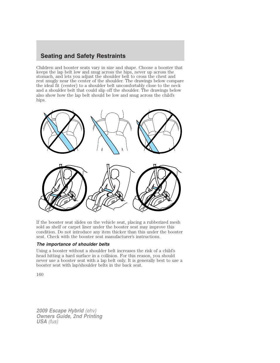 The importance of shoulder belts, Seating and safety restraints | FORD 2009 Escape Hybrid v.2 User Manual | Page 160 / 332