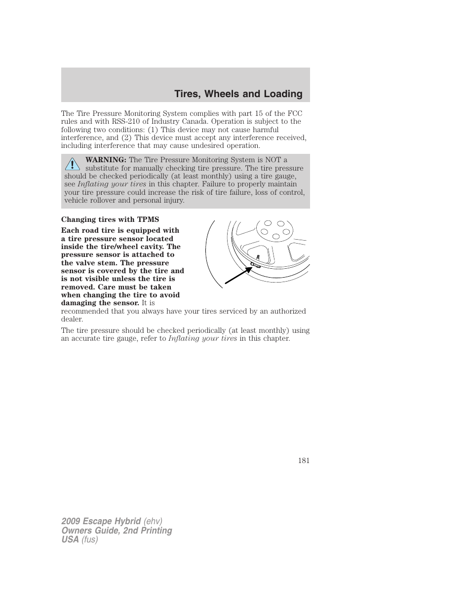 Tires, wheels and loading | FORD 2009 Escape Hybrid v.2 User Manual | Page 181 / 332