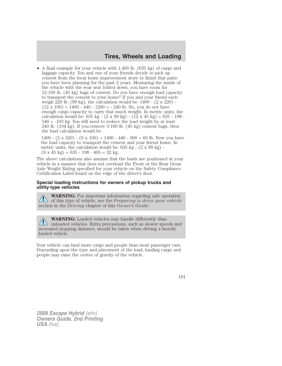 Tires, wheels and loading | FORD 2009 Escape Hybrid v.2 User Manual | Page 191 / 332