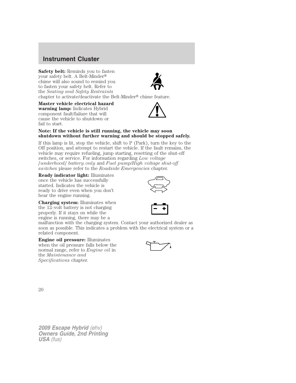 Instrument cluster | FORD 2009 Escape Hybrid v.2 User Manual | Page 20 / 332