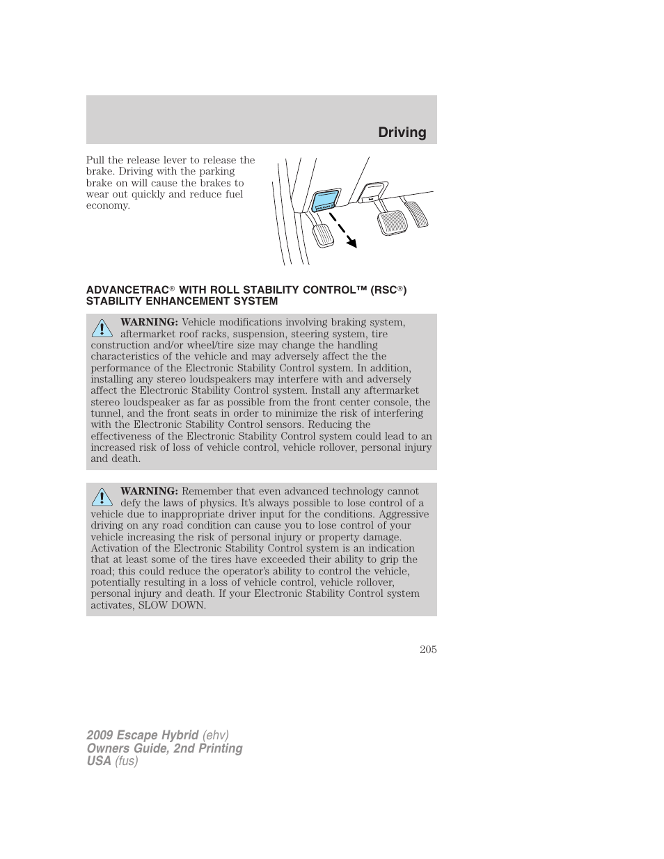 Advancetrac, Driving | FORD 2009 Escape Hybrid v.2 User Manual | Page 205 / 332