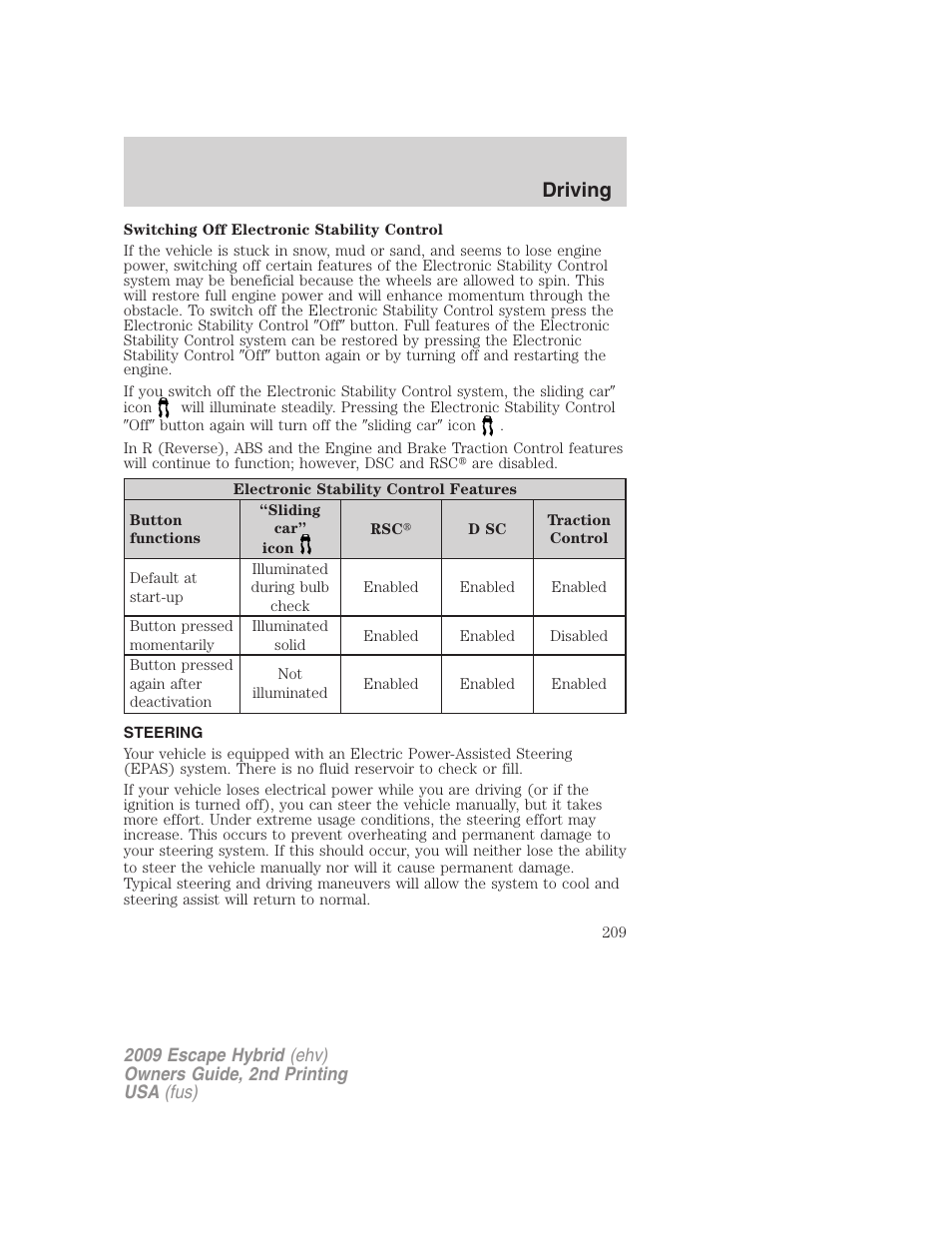 Steering, Driving | FORD 2009 Escape Hybrid v.2 User Manual | Page 209 / 332