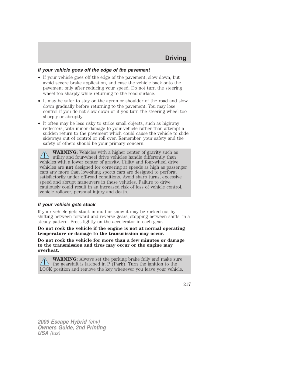 If your vehicle goes off the edge of the pavement, If your vehicle gets stuck, Driving | FORD 2009 Escape Hybrid v.2 User Manual | Page 217 / 332