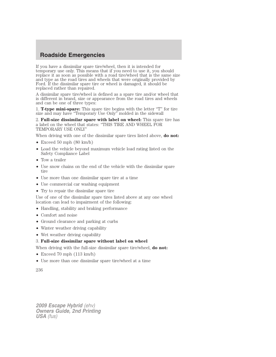 Roadside emergencies | FORD 2009 Escape Hybrid v.2 User Manual | Page 236 / 332