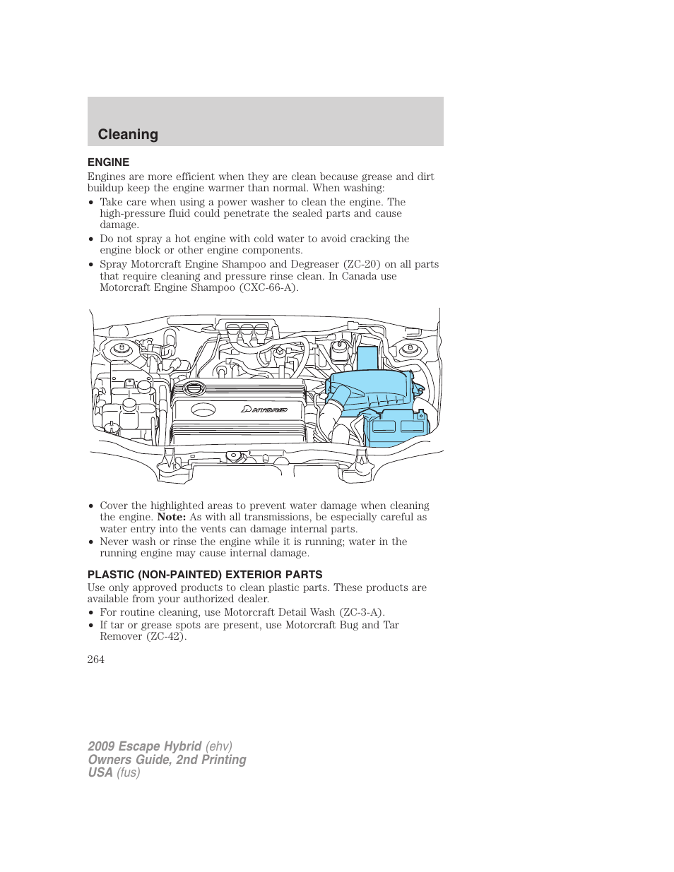 Engine, Plastic (non-painted) exterior parts, Cleaning | FORD 2009 Escape Hybrid v.2 User Manual | Page 264 / 332