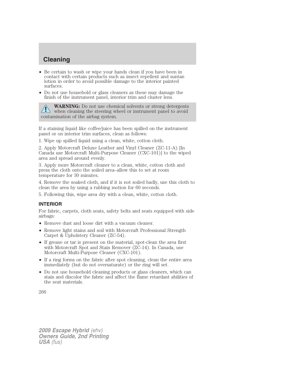 Interior, Cleaning | FORD 2009 Escape Hybrid v.2 User Manual | Page 266 / 332