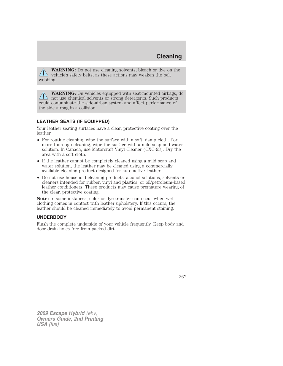 Leather seats (if equipped), Underbody, Cleaning | FORD 2009 Escape Hybrid v.2 User Manual | Page 267 / 332