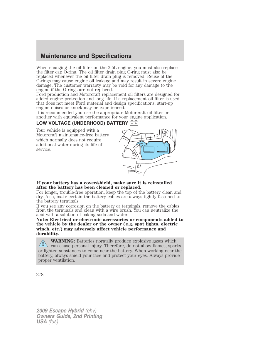 Low voltage (underhood) battery, Battery, Maintenance and specifications | FORD 2009 Escape Hybrid v.2 User Manual | Page 278 / 332