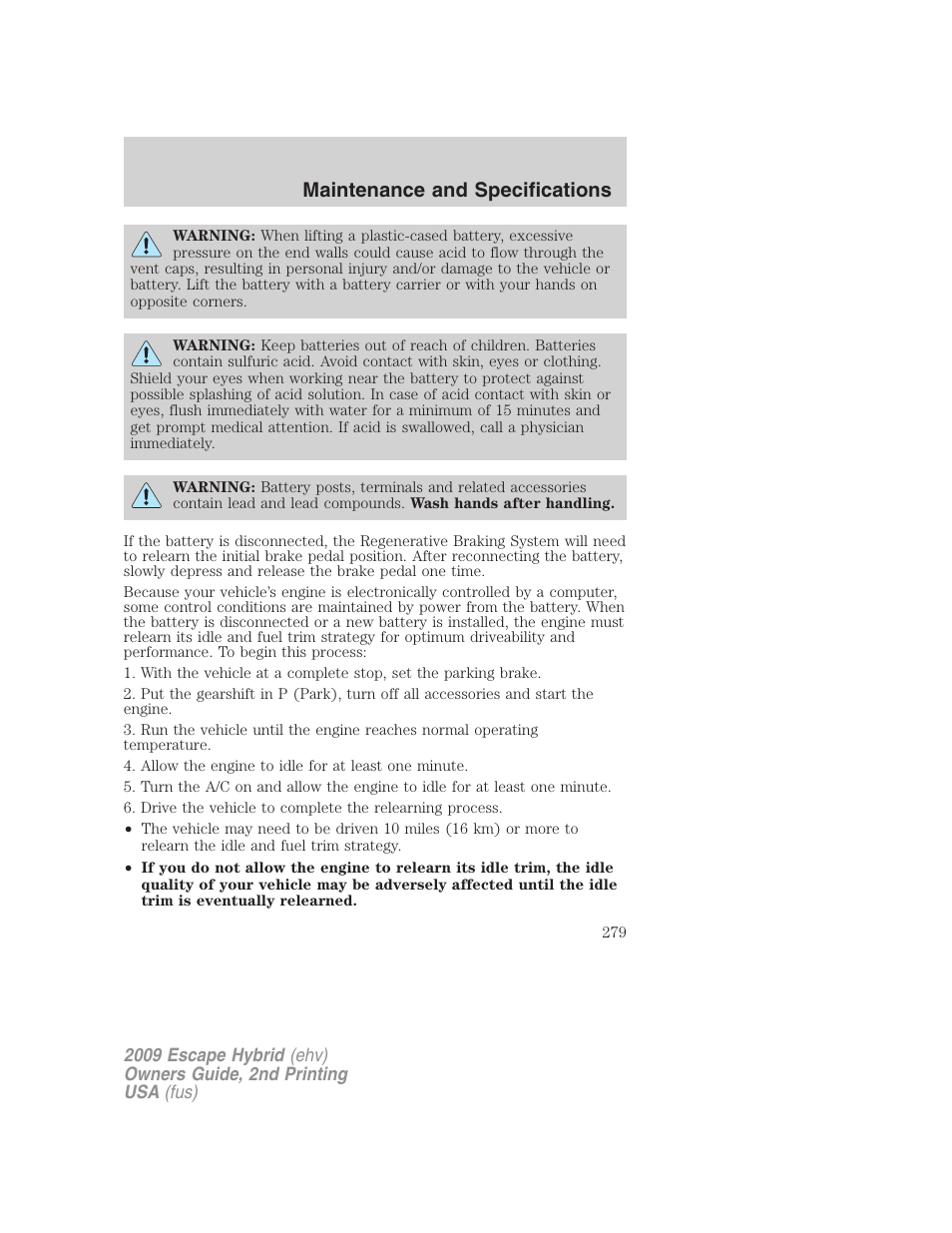 Maintenance and specifications | FORD 2009 Escape Hybrid v.2 User Manual | Page 279 / 332
