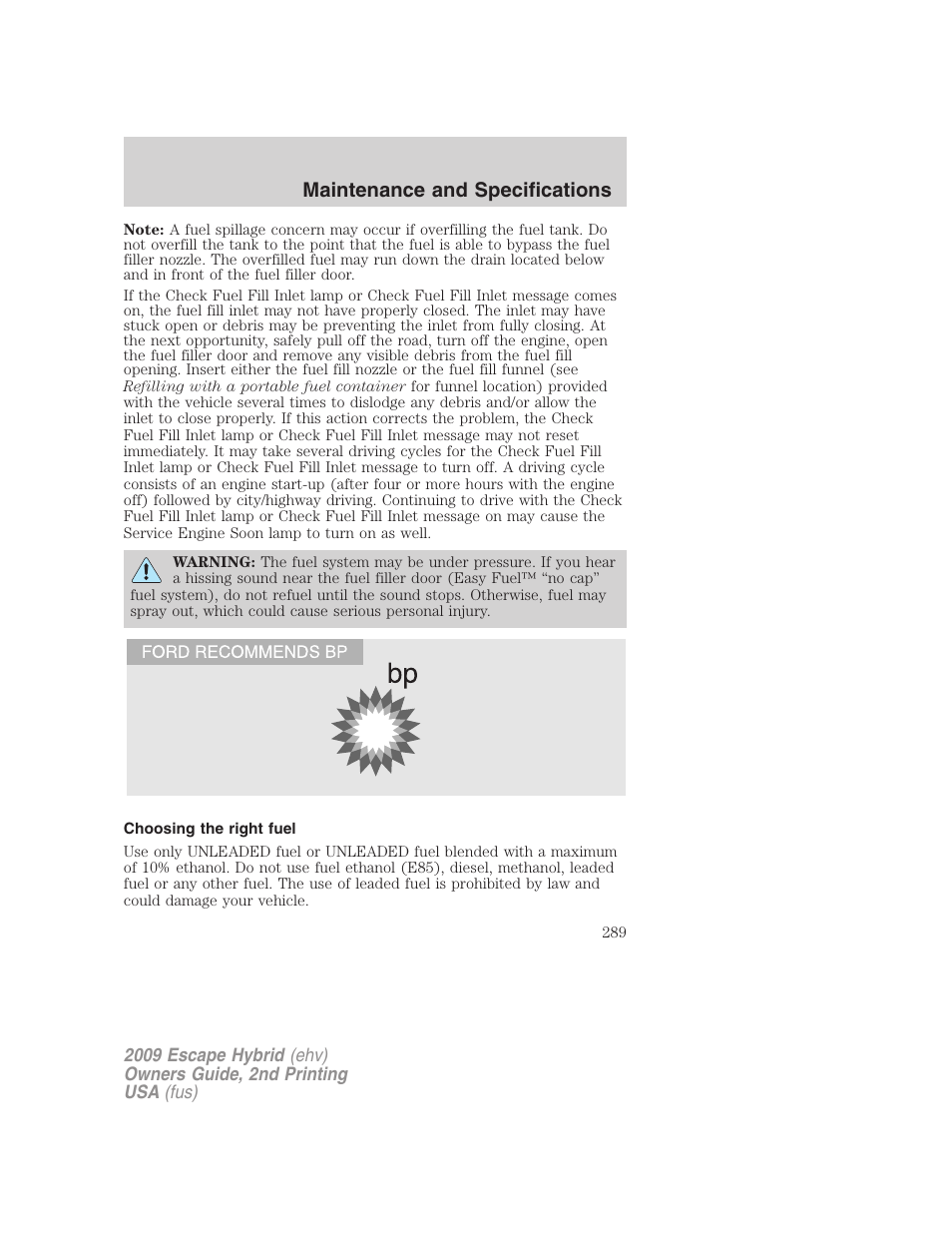 Choosing the right fuel, Maintenance and specifications | FORD 2009 Escape Hybrid v.2 User Manual | Page 289 / 332