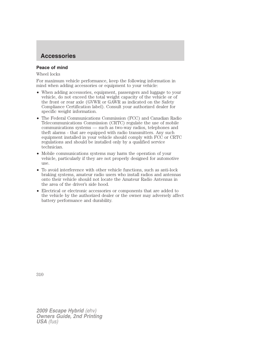 Peace of mind, Accessories | FORD 2009 Escape Hybrid v.2 User Manual | Page 310 / 332