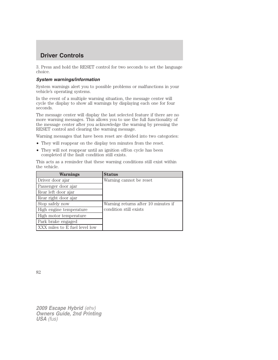 System warnings/information, Driver controls | FORD 2009 Escape Hybrid v.2 User Manual | Page 82 / 332