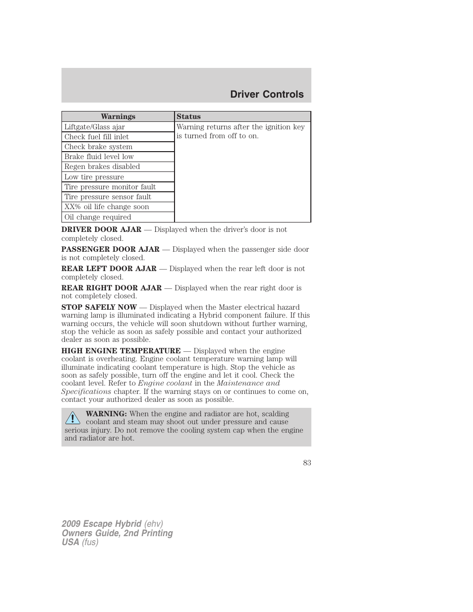 Driver controls | FORD 2009 Escape Hybrid v.2 User Manual | Page 83 / 332