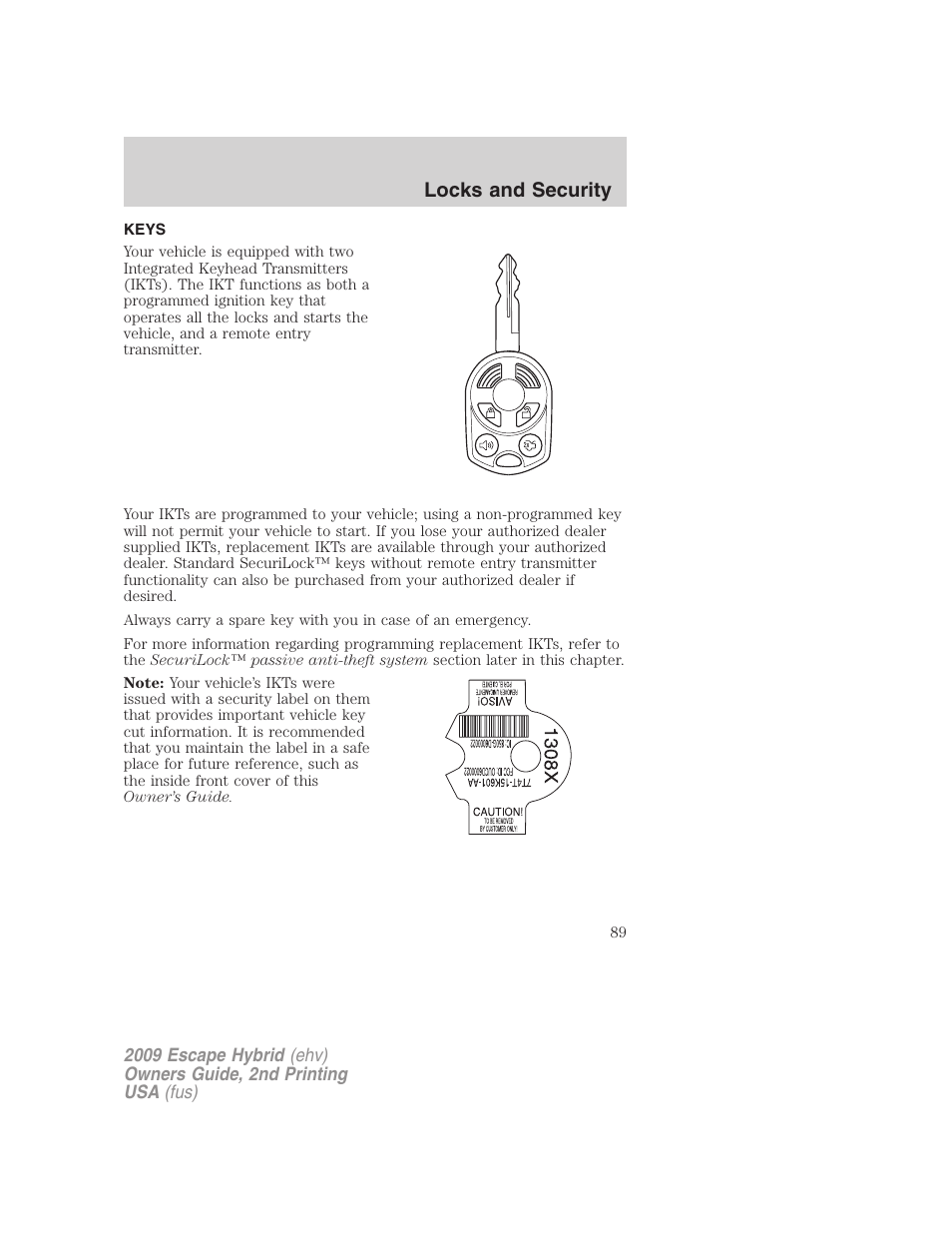 Locks and security, Keys | FORD 2009 Escape Hybrid v.2 User Manual | Page 89 / 332