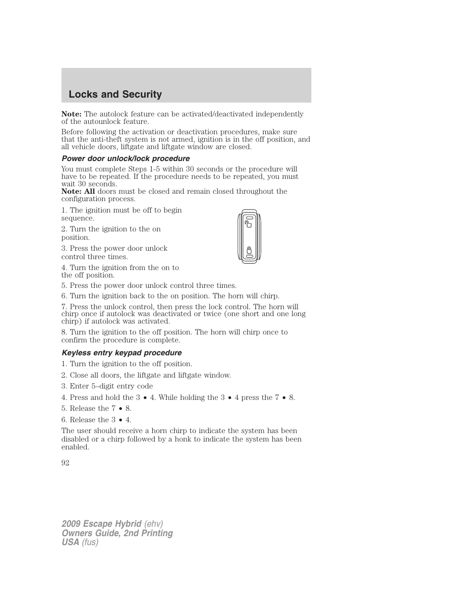 Power door unlock/lock procedure, Keyless entry keypad procedure, Locks and security | FORD 2009 Escape Hybrid v.2 User Manual | Page 92 / 332