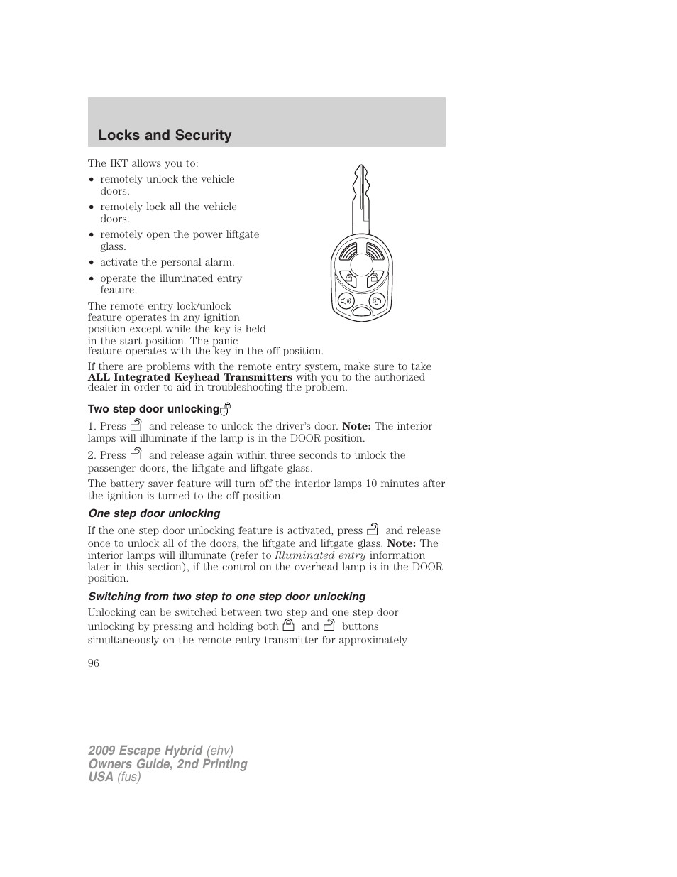 Two step door unlocking, One step door unlocking, Switching from two step to one step door unlocking | Locks and security | FORD 2009 Escape Hybrid v.2 User Manual | Page 96 / 332