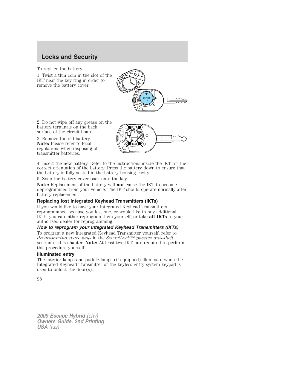 Illuminated entry, Locks and security | FORD 2009 Escape Hybrid v.2 User Manual | Page 98 / 332