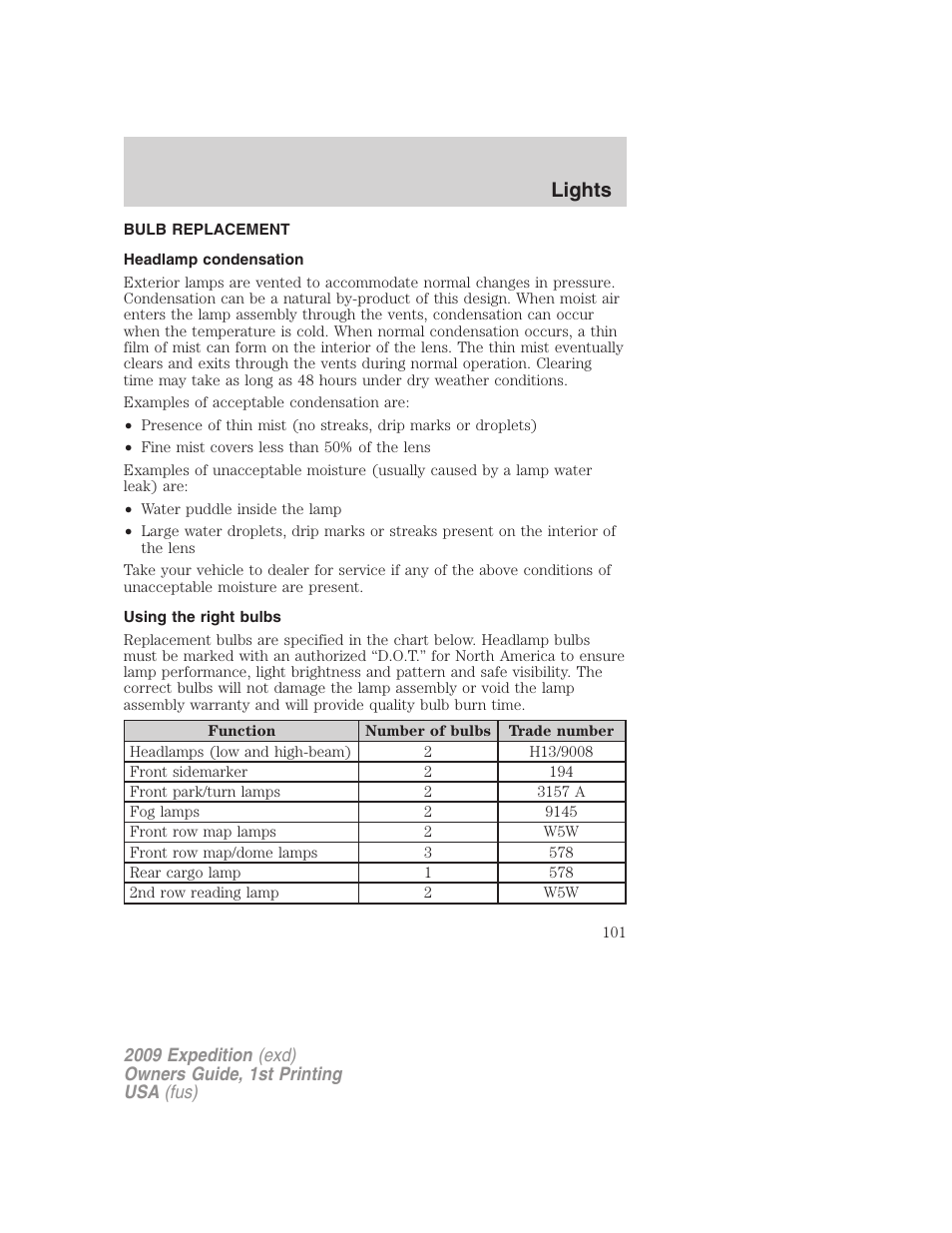 Bulb replacement, Headlamp condensation, Using the right bulbs | Lights | FORD 2009 Expedition v.1 User Manual | Page 101 / 416