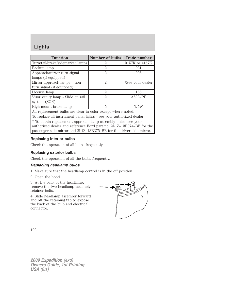 Replacing interior bulbs, Replacing exterior bulbs, Replacing headlamp bulbs | Lights | FORD 2009 Expedition v.1 User Manual | Page 102 / 416