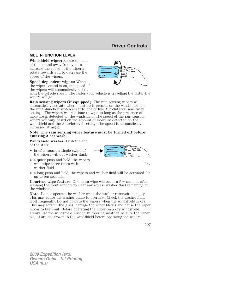 Driver controls, Multi-function lever, Windshield wiper/washer control | FORD 2009 Expedition v.1 User Manual | Page 107 / 416