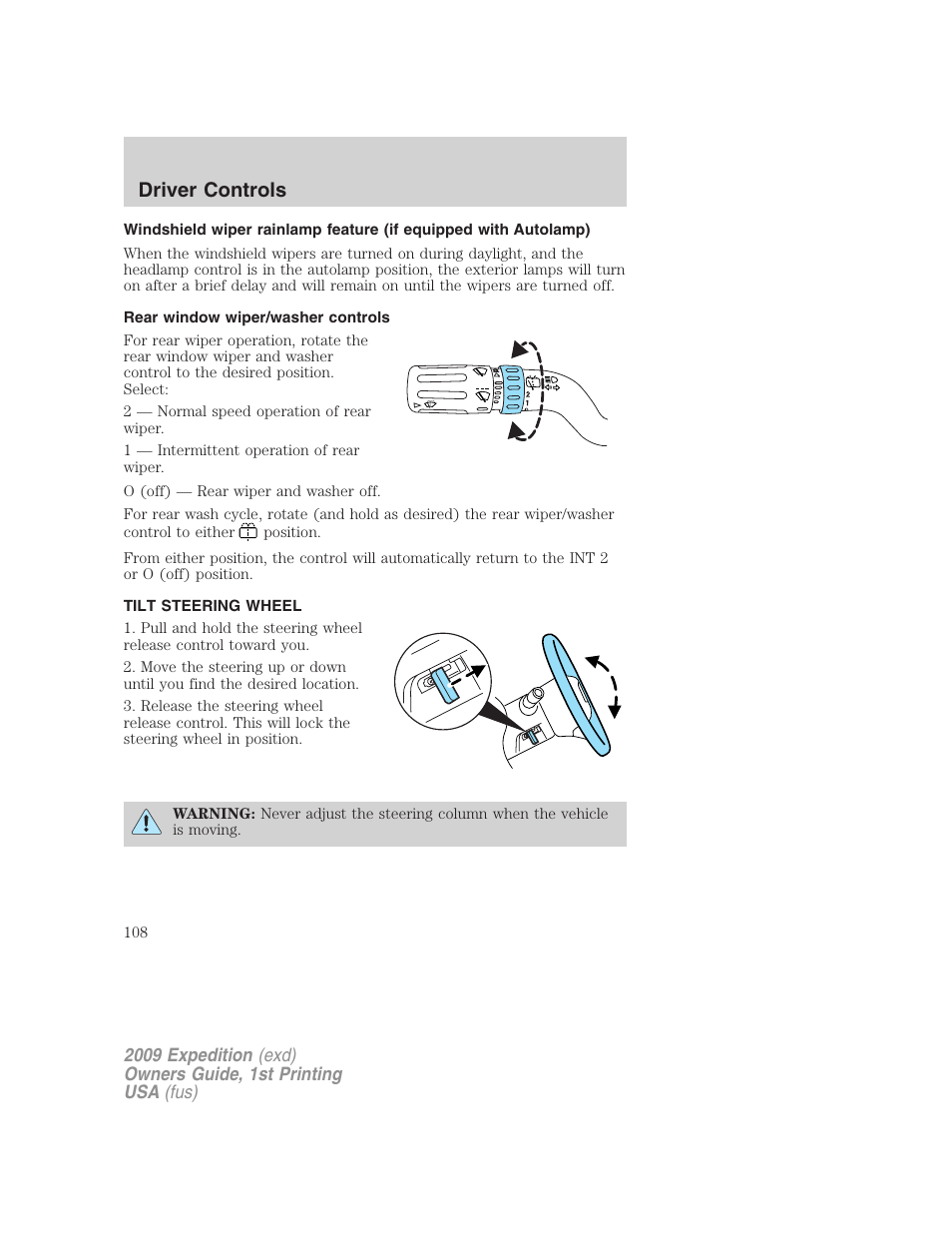 Rear window wiper/washer controls, Tilt steering wheel, Steering wheel adjustment | Driver controls | FORD 2009 Expedition v.1 User Manual | Page 108 / 416