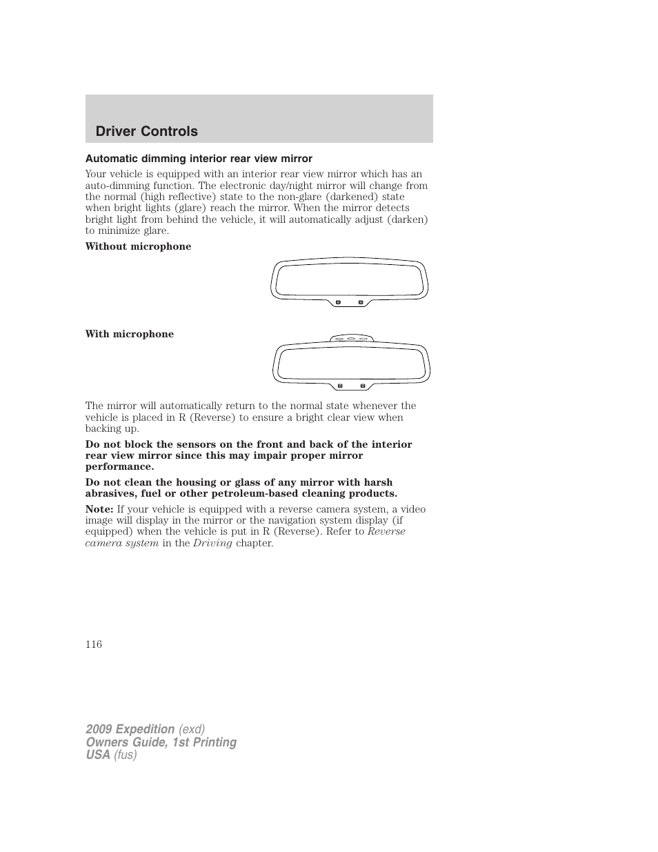 Automatic dimming interior rear view mirror, Driver controls | FORD 2009 Expedition v.1 User Manual | Page 116 / 416