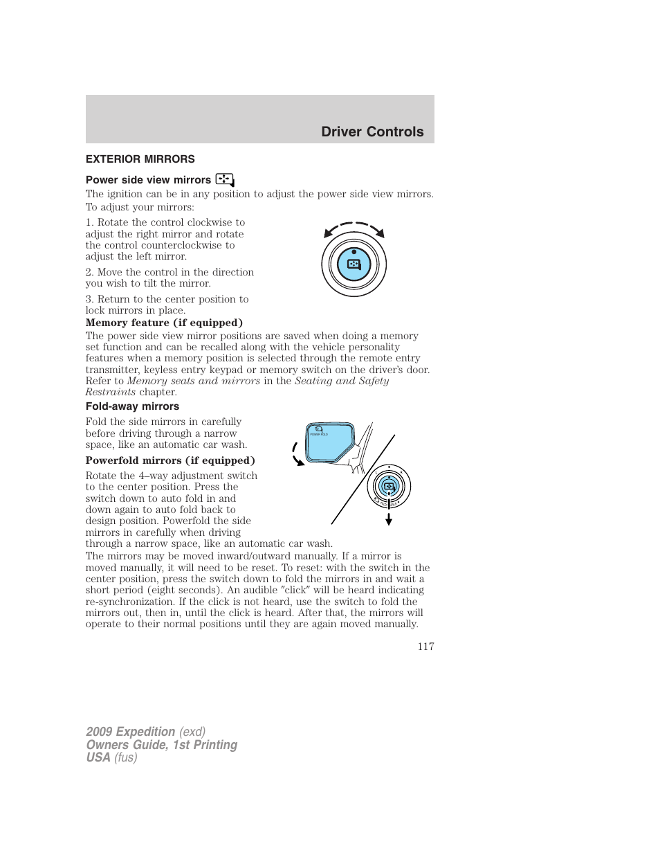 Exterior mirrors, Power side view mirrors, Fold-away mirrors | Driver controls | FORD 2009 Expedition v.1 User Manual | Page 117 / 416