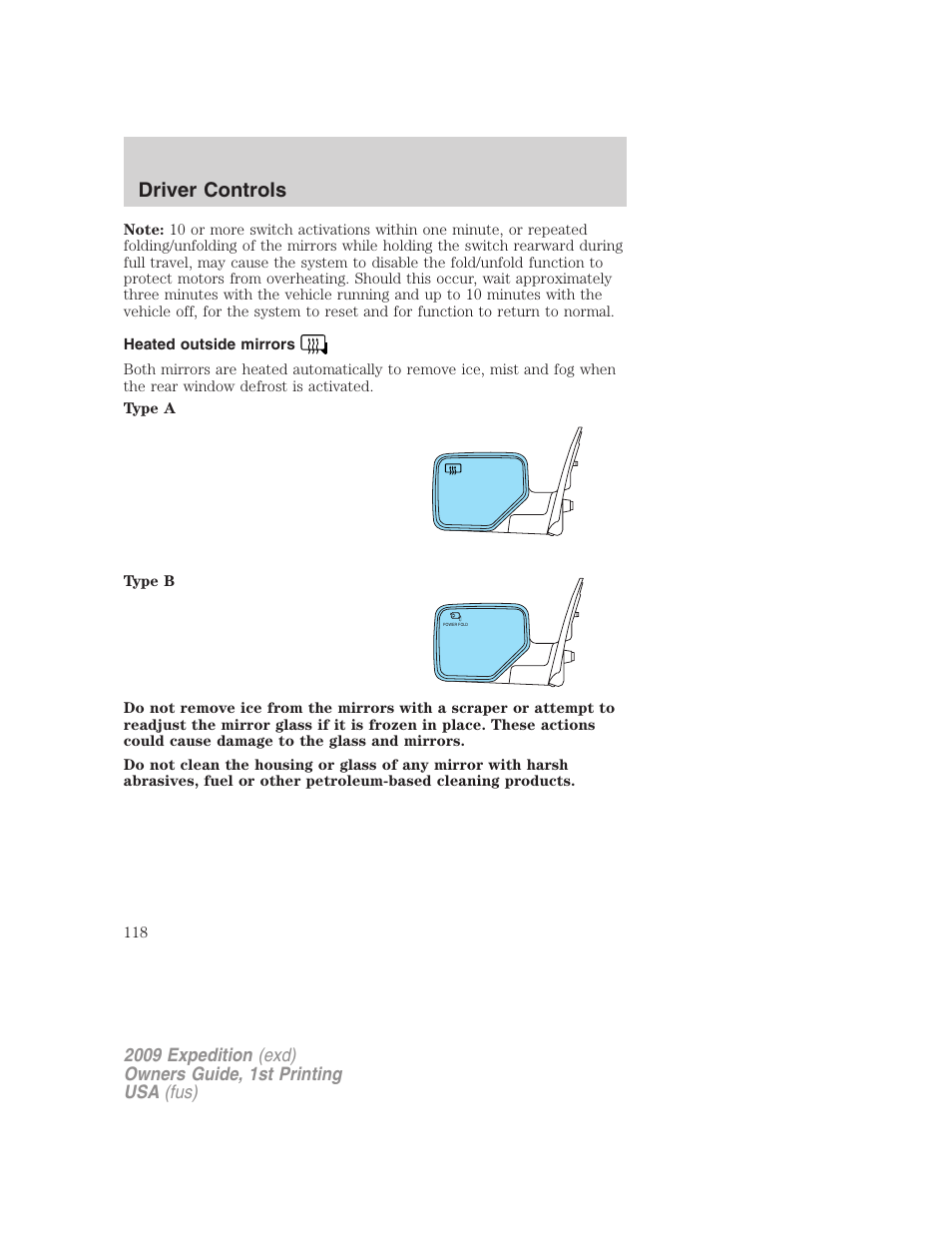 Heated outside mirrors, Driver controls | FORD 2009 Expedition v.1 User Manual | Page 118 / 416