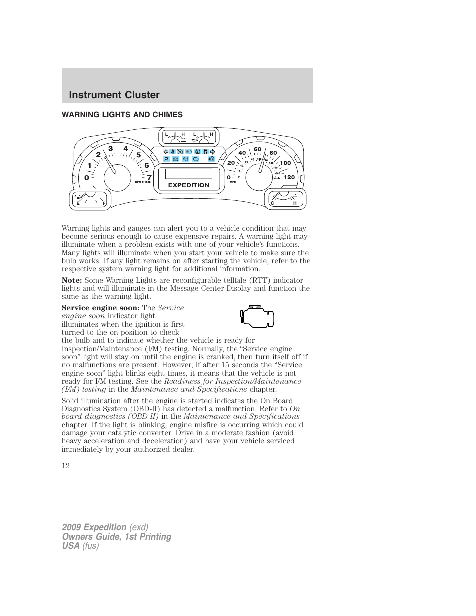 Instrument cluster, Warning lights and chimes | FORD 2009 Expedition v.1 User Manual | Page 12 / 416