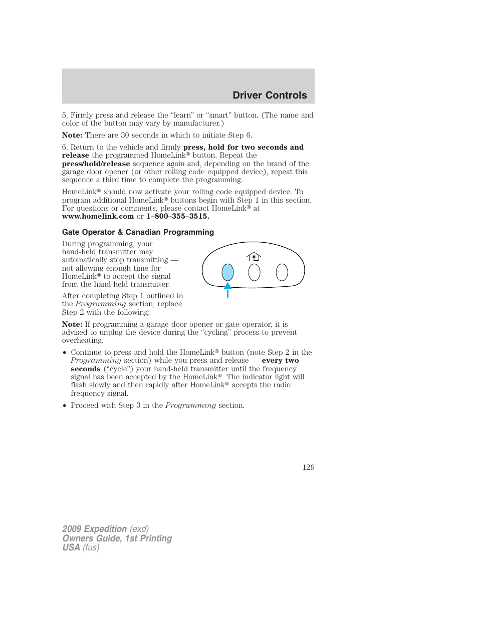Gate operator & canadian programming, Driver controls | FORD 2009 Expedition v.1 User Manual | Page 129 / 416