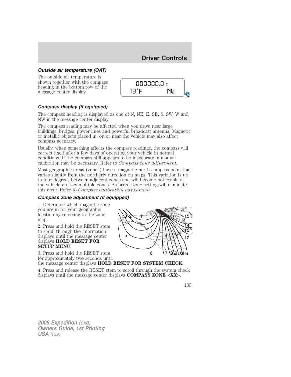 Outside air temperature (oat), Compass display (if equipped), Compass zone adjustment (if equipped) | Driver controls | FORD 2009 Expedition v.1 User Manual | Page 133 / 416