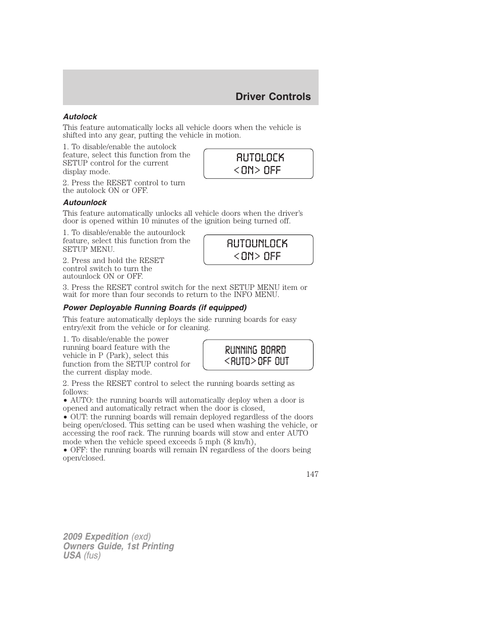 Autolock, Autounlock, Power deployable running boards (if equipped) | Driver controls | FORD 2009 Expedition v.1 User Manual | Page 147 / 416